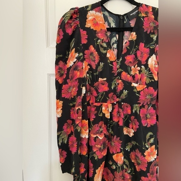 The Kooples Silk Black Pink Orange Floral Long Sleeve Button Formal Ruffle Dress - Picture 5 of 16
